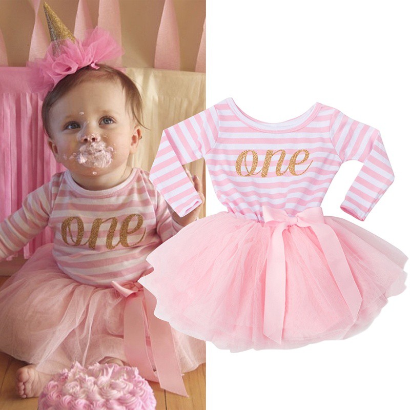 Baby Kids Cute Birthday Dress 1st 2nd 3rd Birthday Party Letter Print Striped Dr Shopee Philippines