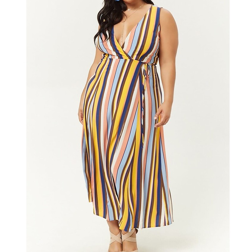 Forever 21 Plus Size Striped Surplice Wrap Maxi Dress Cream Shopee Philippines