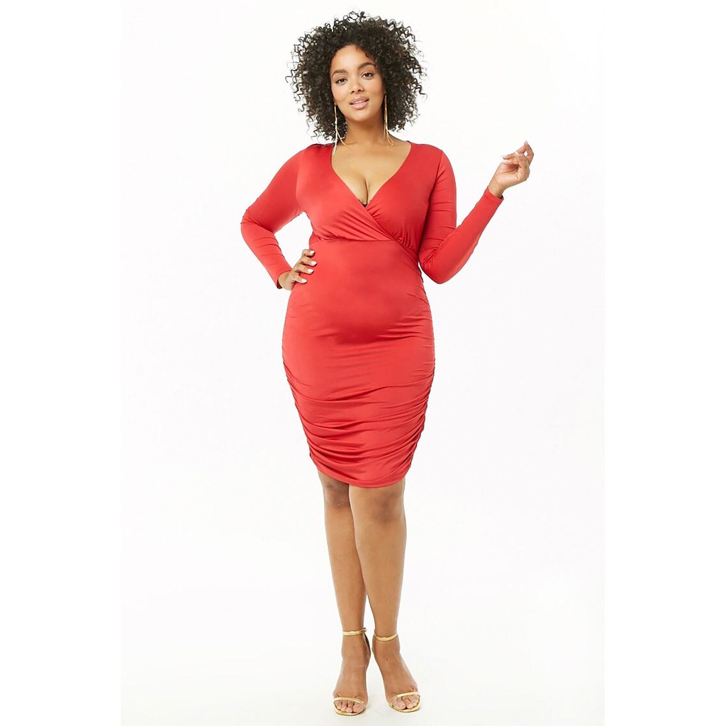 Forever 21 Plus Size Sheeny Surplice Ruched Dress Red Shopee Philippines