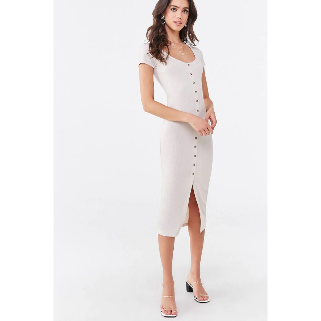 Forever 21 Women S Ribbed Button Front Midi Dress Shopee Philippines