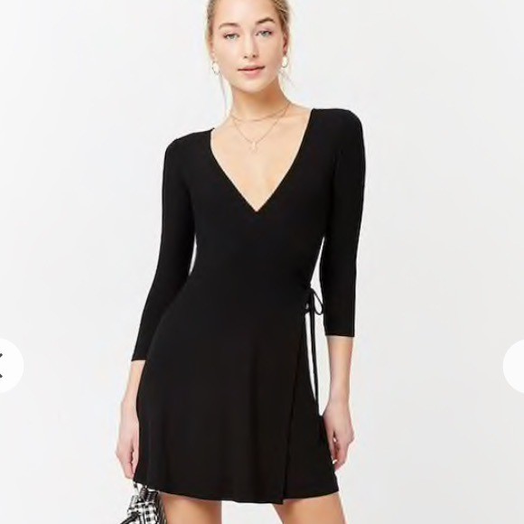 Forever 21 Black Ribbed Knit Wrap Mock Dress Shopee Philippines