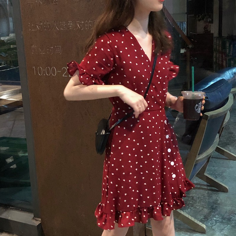 Fall Fashion Dress Summer Funeral Skirt Retro French Cross Waist Wave Point Chiffon Anorexic Sty Shopee Philippines