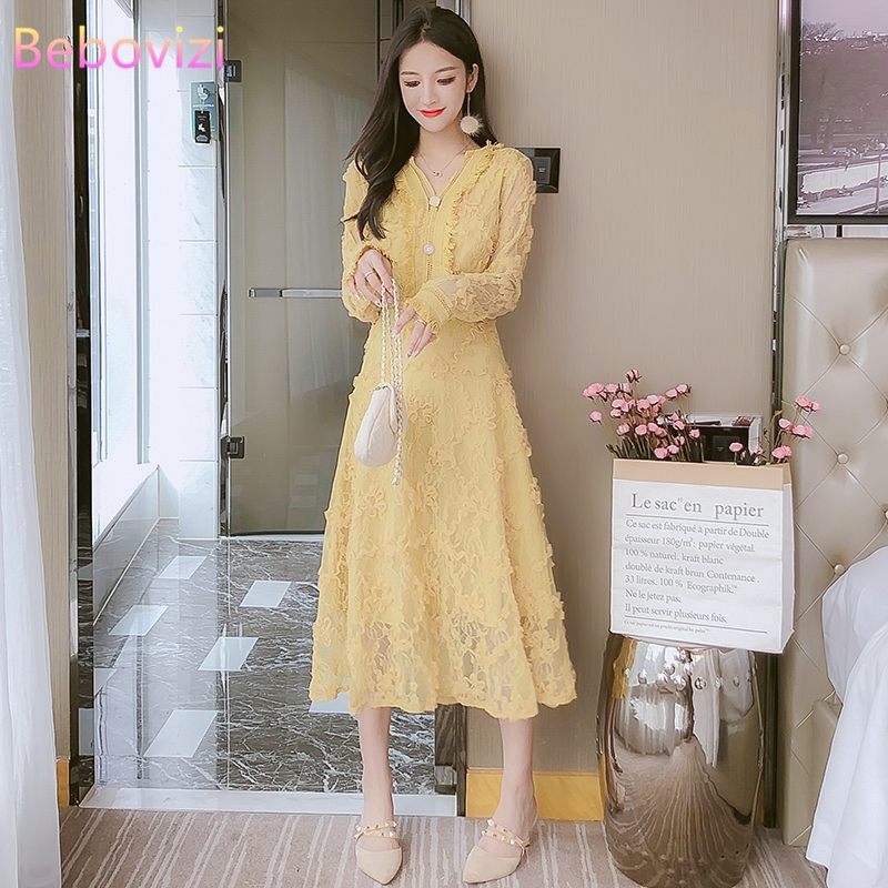 Fashion Korean Lace Yellow Pink Long Sleeve Women Dress Casual Dinner Elegant A Line Long Dresses Shopee Philippines