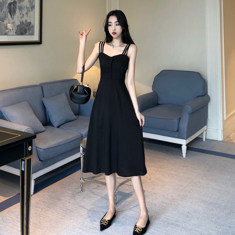 Korean Style Simple Black Midi Dress Shopee Philippines