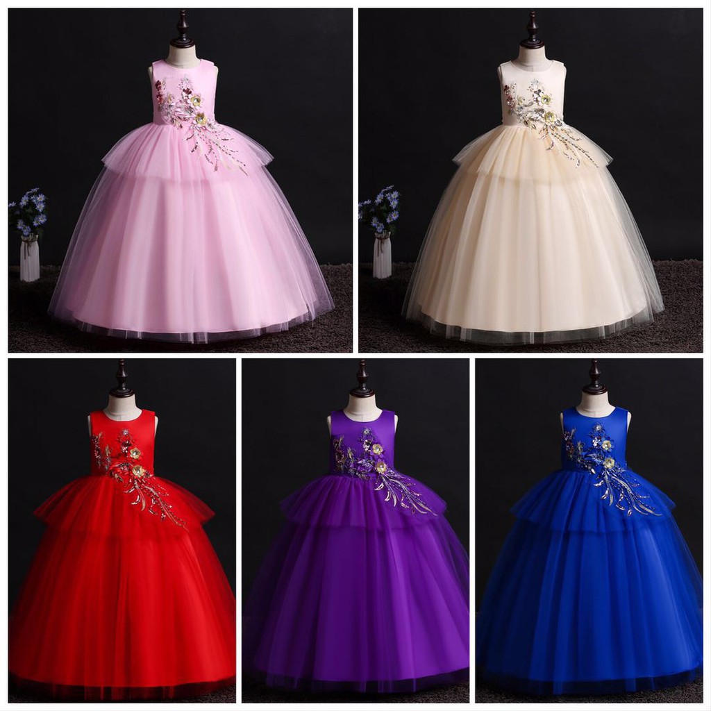 4 13 Yrs Kids Girls Dress Long Embroidered Princess Dress Host Dress Girl Birthday Dress Shopee Philippines