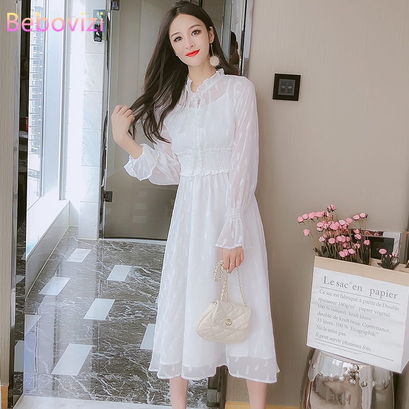 Fashion Korean White Long Sleeve Chiffon Women Dress Casual Dinner Elegant A Line Long Dresses Shopee Philippines