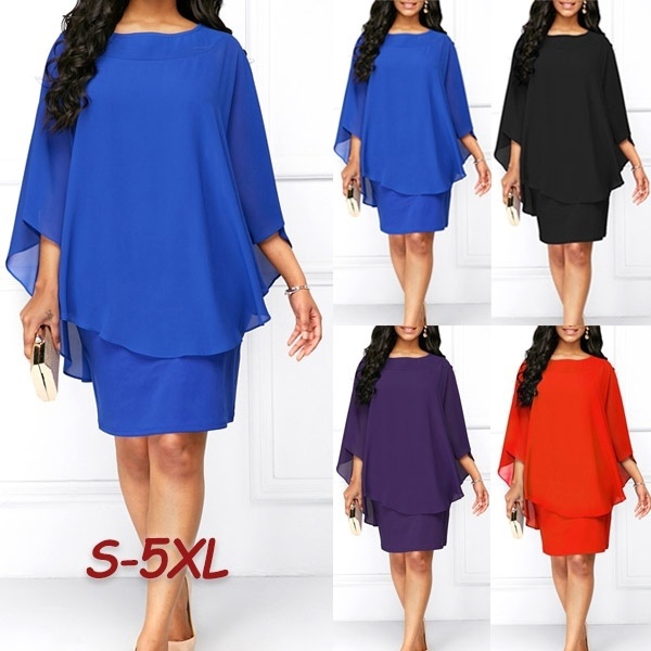 Fashion Women Female Casual Chiffon Dress Flare Sleeve O Neck Elegant Dress Plus Size Cape Dress Shopee Philippines