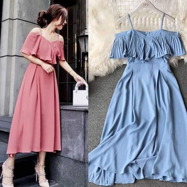 Fashionable Elegant Marimar Pleated Cold Offshoulder Maxi Casual Formal Dress Wedding Outfit Shopee Philippines