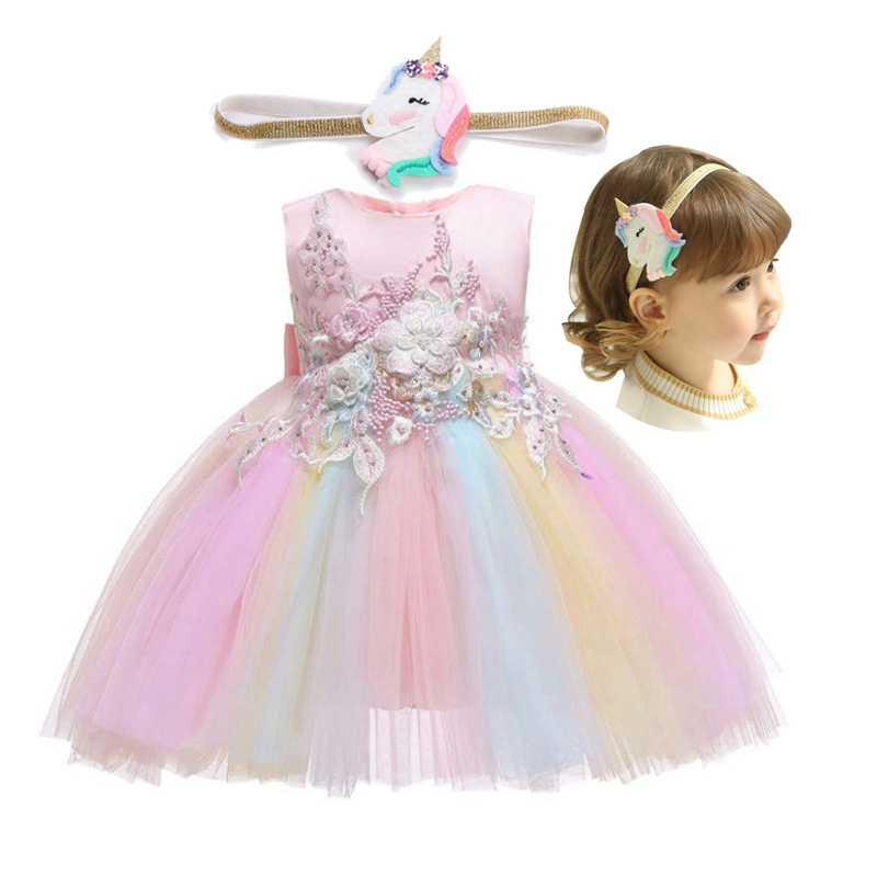 Infant Baby Rainbow Dress Unicorn Headband Baptism Dresses For 1 2 Birthday Wedding Baby Girl Dress Shopee Philippines