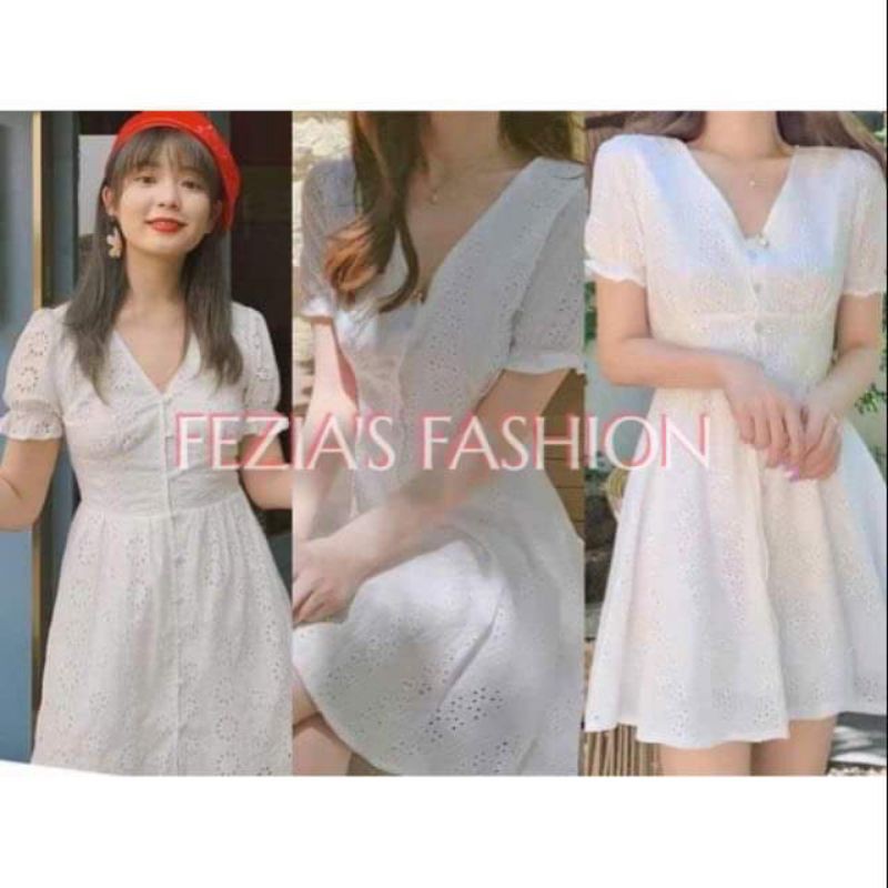 Halopattita White Eyelet V Neck Mid Casual Formal Dress Wedding Entourage Outfit Shopee Philippines