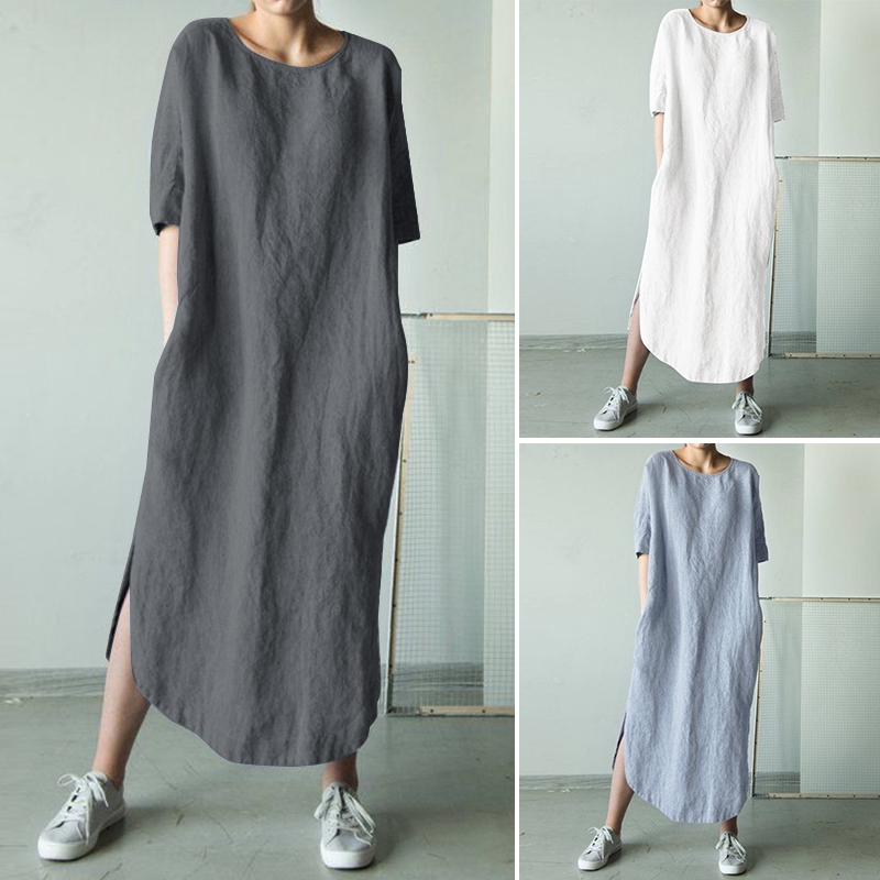 Zanzea Women Casual Loose Cotton Beach Plus Size Maxi Dress Shopee Philippines