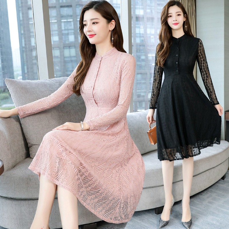 Korean Fashion Long Sleeve Lace Dresses Dinner Party Casual Midi Dress For Women Shopee Philippines