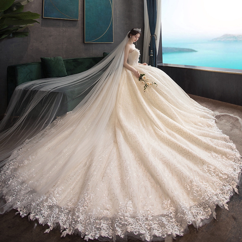Elegant Strapless Wedding Dress Simple Lace Pearl Decorated Long Tail Wedding Gown Dress Bridal Dresses Shopee Philippines