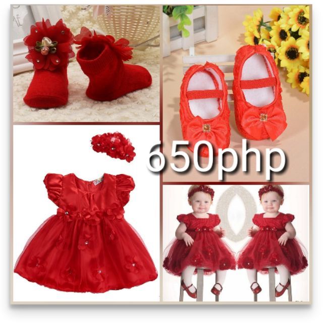 Baby Red Dress Birthday Wedding Party Set Socks Shoes Complete Headband Floral Brand New Shopee Philippines