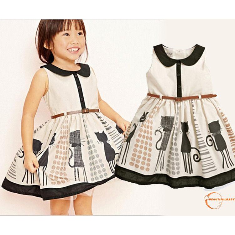 Laa New Baby Kids Girls Dress Graffiti Cat Belt Party Shopee Philippines