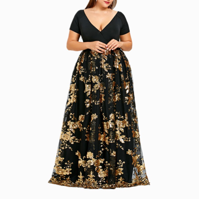 Big Size Women V Neck Bling Dress Plus Size Floral Sequin Mesh Party Ol Wedding Maxi Long Dress 5xl Shopee Philippines