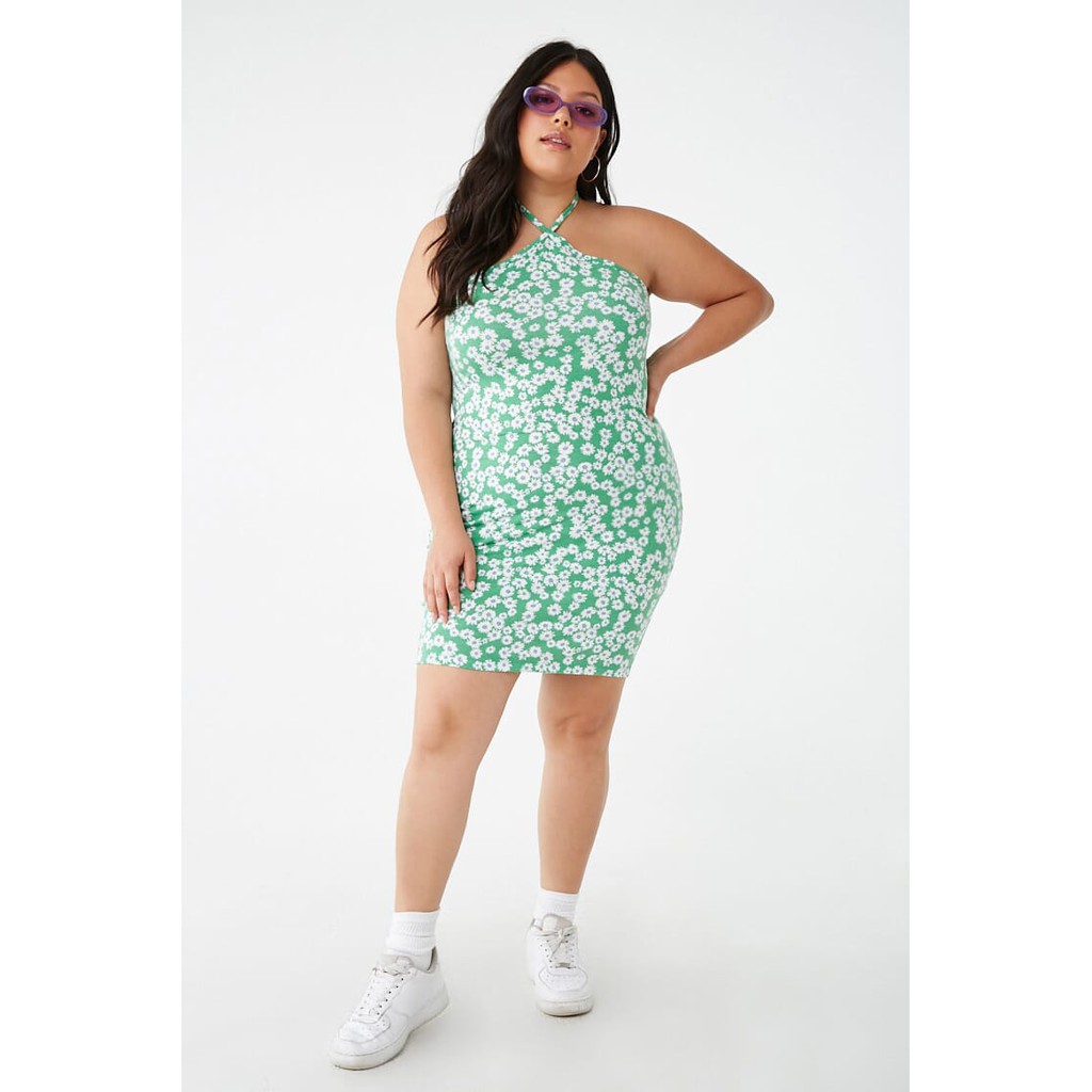 Forever 21 Plus Size Plus Size Daisy Print Halter Dress Green Shopee Philippines