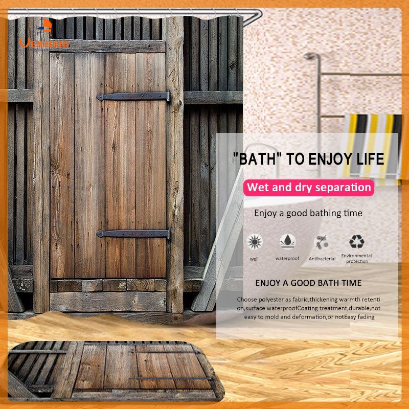 Fast Delivery Barn Door Shower Curtain Decor Set Wooden Door Design Bath Curtains 12 Hooks Veemm Shopee Philippines