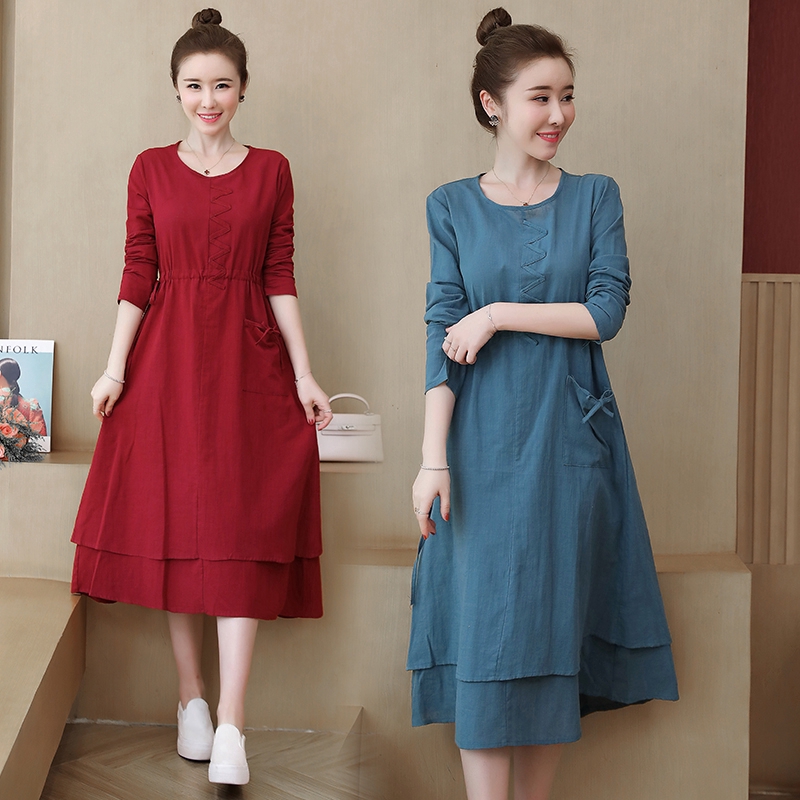 Fashion Korean Pink Blue Red Linen Big Size Midi Dresses Long Sleeve Casual Party Women Dress Import Shopee Philippines