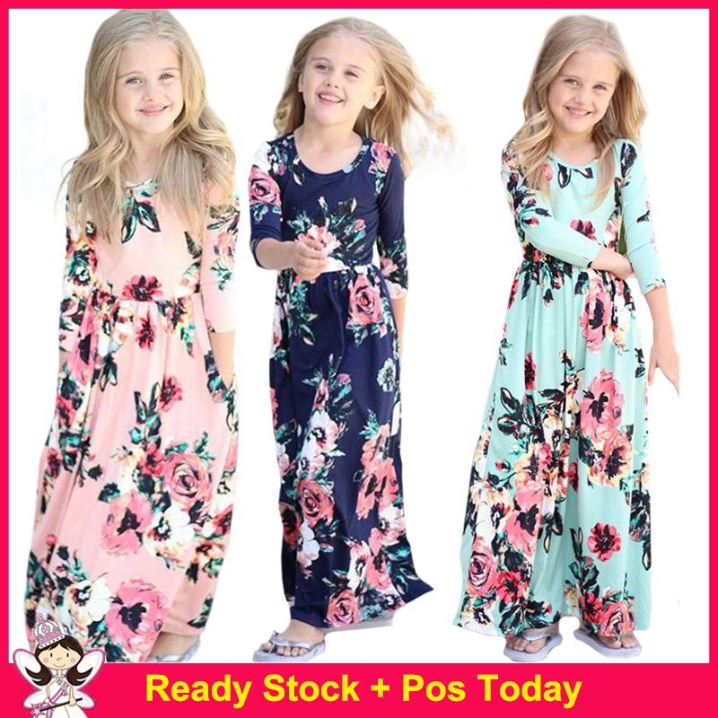 Summer Long Short Sleeve Print Birthday Party Maxi Dress Floral Child Girls Beach Dress For Kids Shopee Philippines