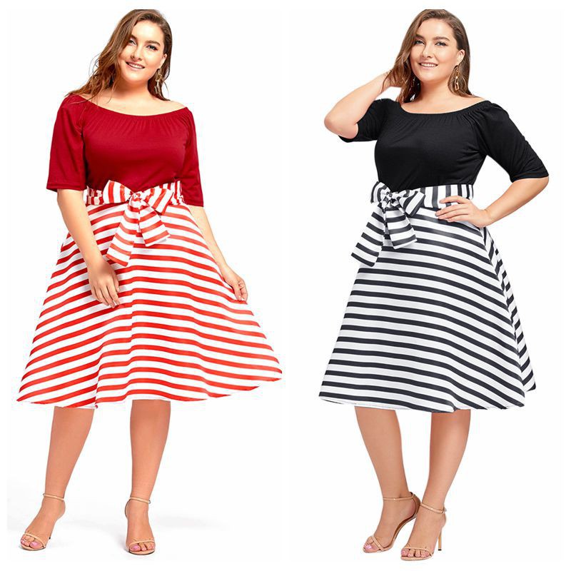 Women Plus Size Dress Stripe Christmas Party Knee Length Shopee Philippines