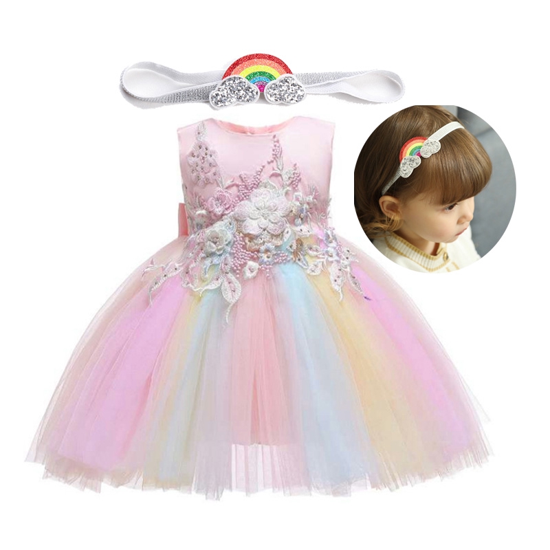 Baby Girl Dress Rainbow Headband 0 24m 1 Years Baby Girls Birthday Dresses For Infant Princess Dress Shopee Philippines