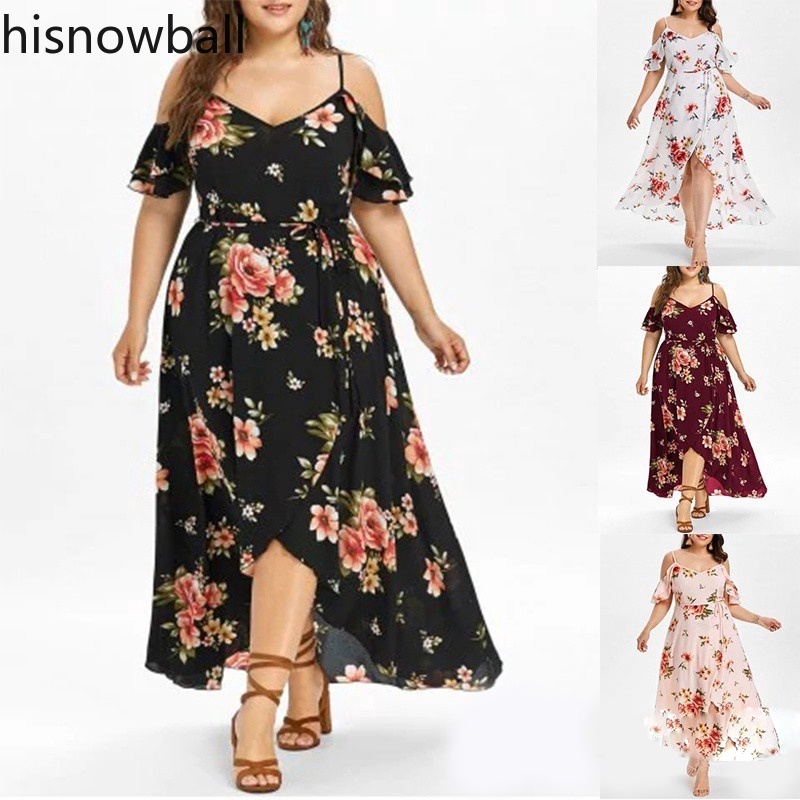 Plus Size Women S Fashion Hawaiian Cold Shoulder Maxi Dress Shopee Philippines