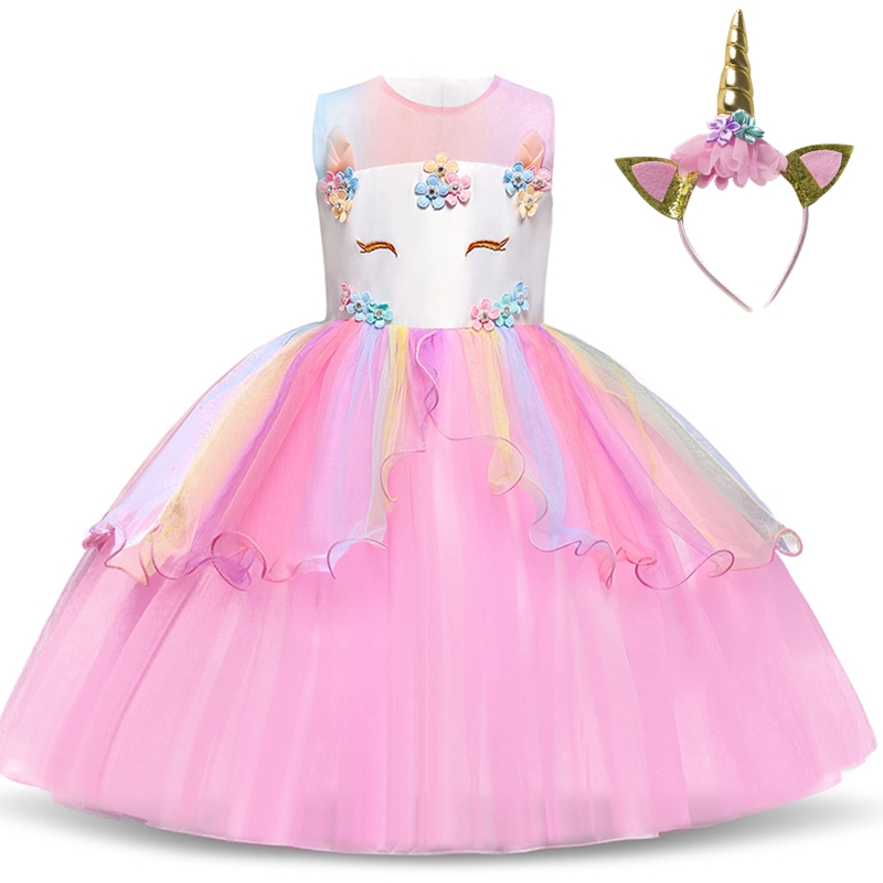 Nnjxd Flower Unicorn Kids Girl Party Birthday Dress With Headband Shopee Philippines
