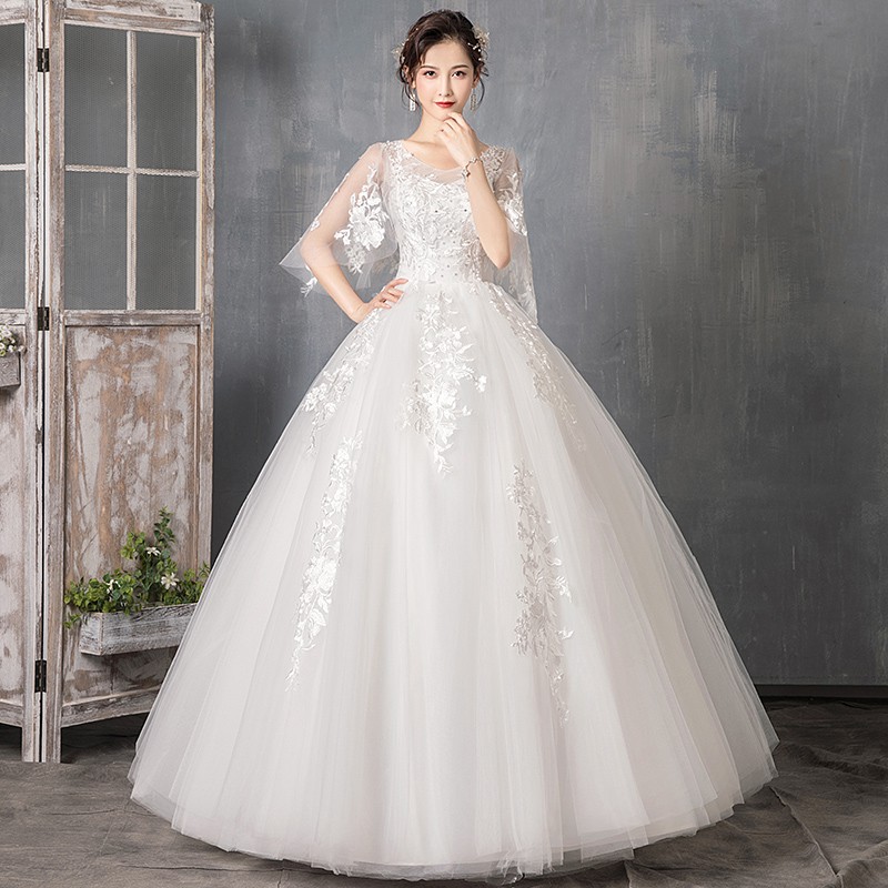 White Simple Elegant Half Sleeve Lace Embroidery Maxi Wedding Party Gown Dress Shopee Philippines
