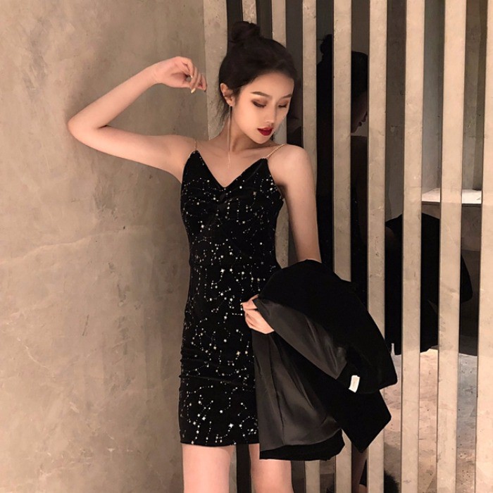 Women S Black Sequins Strap Bodycon Dress Slim Party Night Out Midi Dress Shopee Philippines