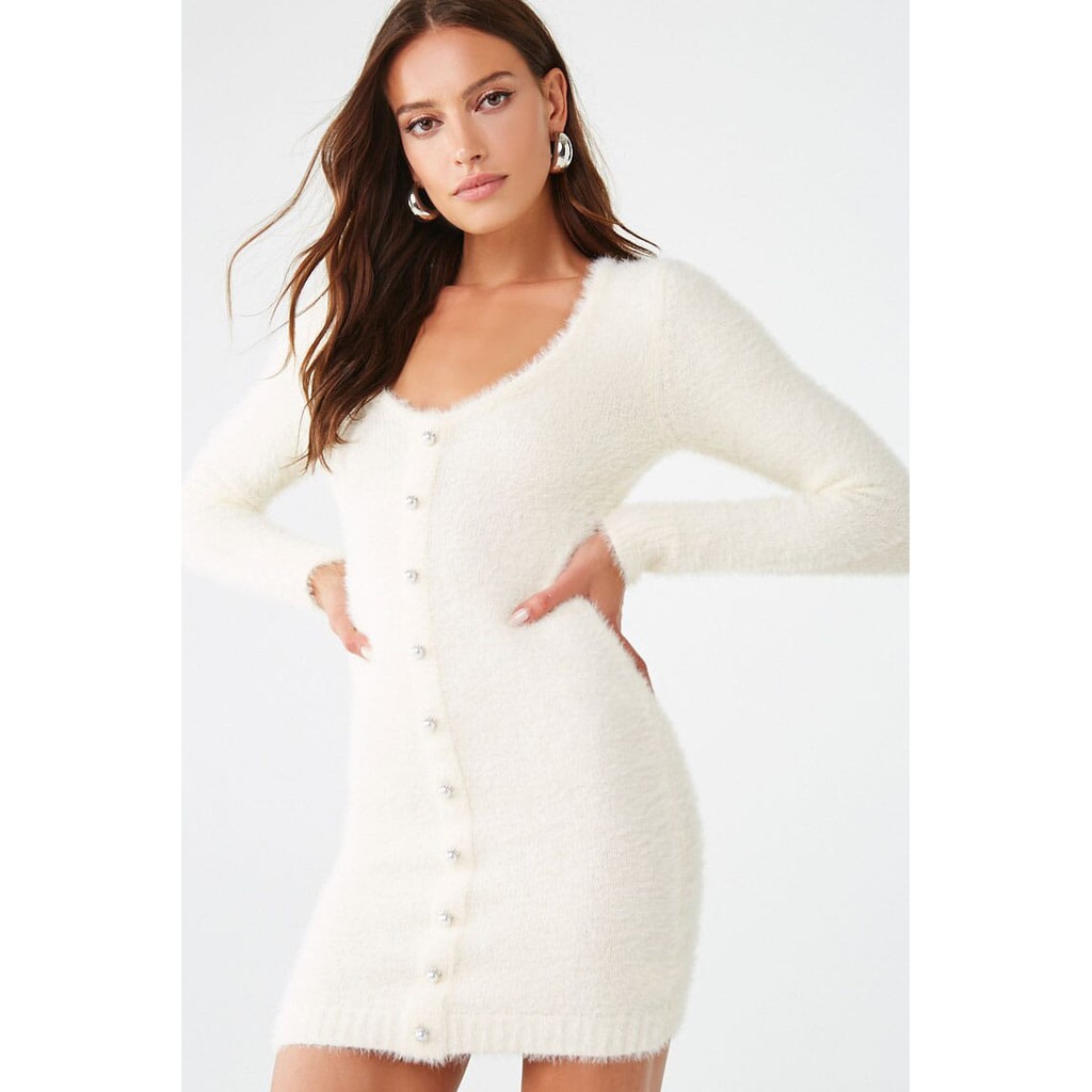 Forever 21 Women S Fuzzy Faux Pearl Sweater Dress Cream Shopee Philippines