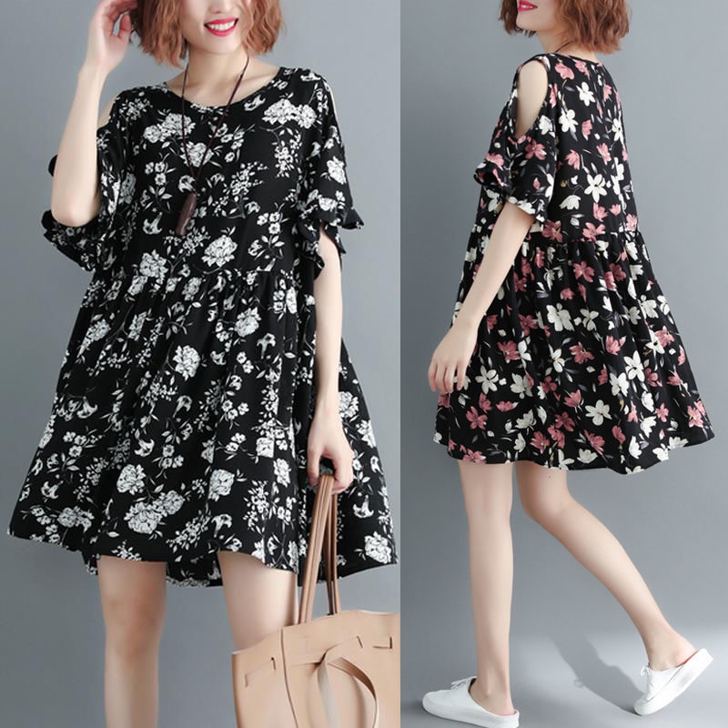 Plus Size L 6xl 45 115kg Women Plus Size Floral Printed Chiffon Dress Lady S Elegant Large Round Neck Off Shoulder Short Sleeves Big Loose Summer Chiffon Dress Maternity Pregnancy Chiffon Dress Big Size Sexy Tummy Hide Slimming