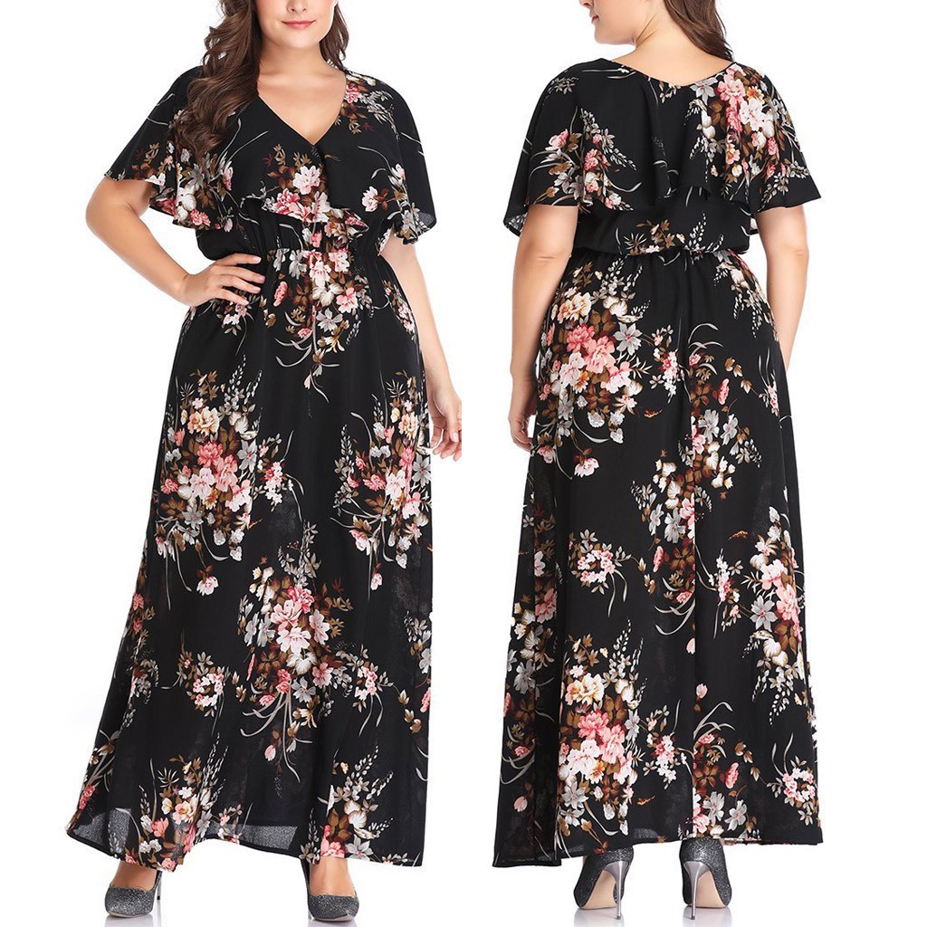 Watercolor floral long sleeve chiffon cocktail dress (plus size). Plus Size Fashion Women Floral Printed Short Sleeve V Neck Casual Long Dress Shopee Philippines