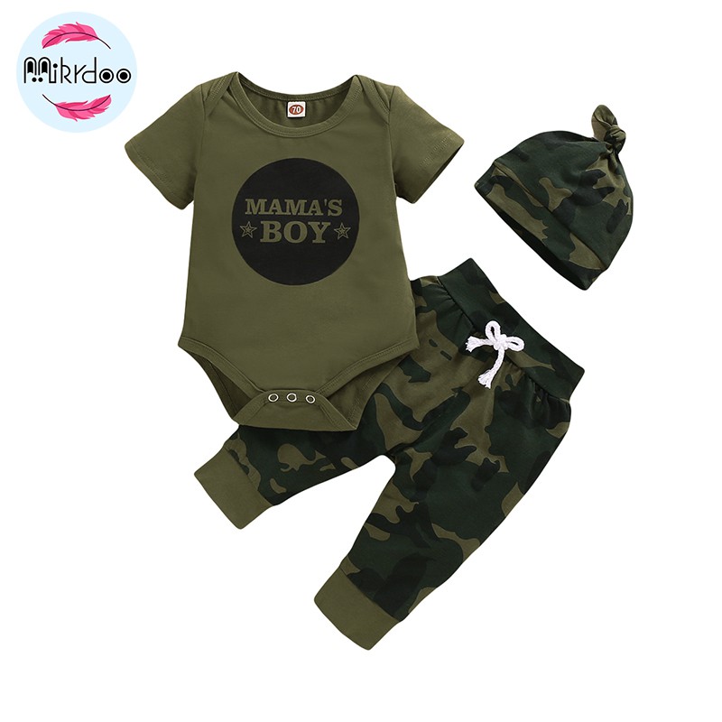 Mikrdoo Newborn Baby Boy Summer Clothes Set Cotton Solid Letters Print Short Sleeve Romper Camouflage Pants And Camouflage Hat 3pcs Outfits Cool Breath 0 18 Months Shopee Philippines