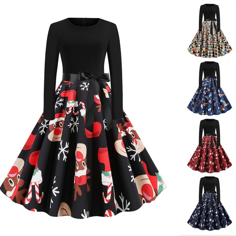 Christmas Dress Ladies Dress Long Sleeved Dress With Print Stitching Free Ribbon Shopee Philippines