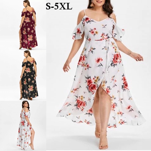 Cold Shoulder Maxi Dress V Neck Polyester Hawaiian Shopee Philippines