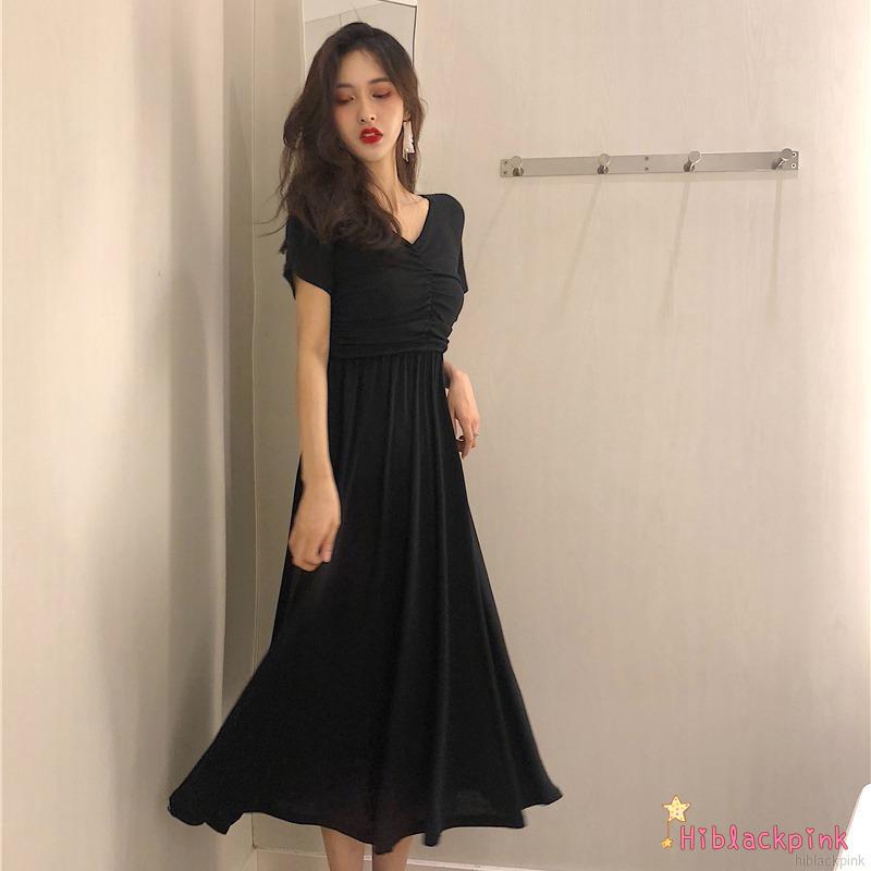 Black Pink Women Korean Style V Neck Solid Color Long Dress Shopee Philippines