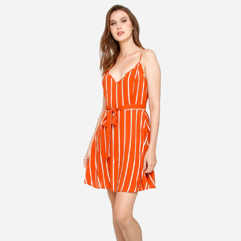Forever 21 Ladies Striped Belted Cami Dress In Rust Shopee Philippines