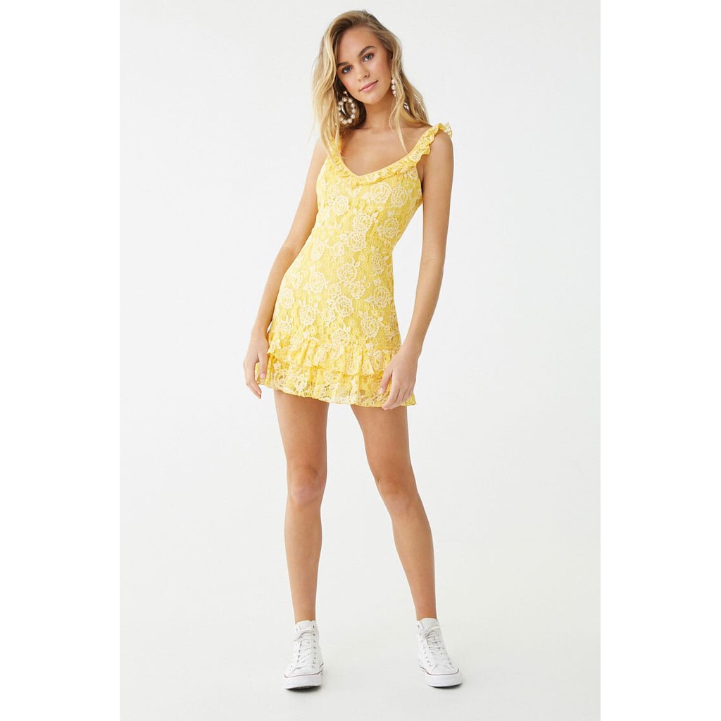 Forever 21 Women S Floral Lace Ruffle Trim Mini Dress Yellow Shopee Philippines