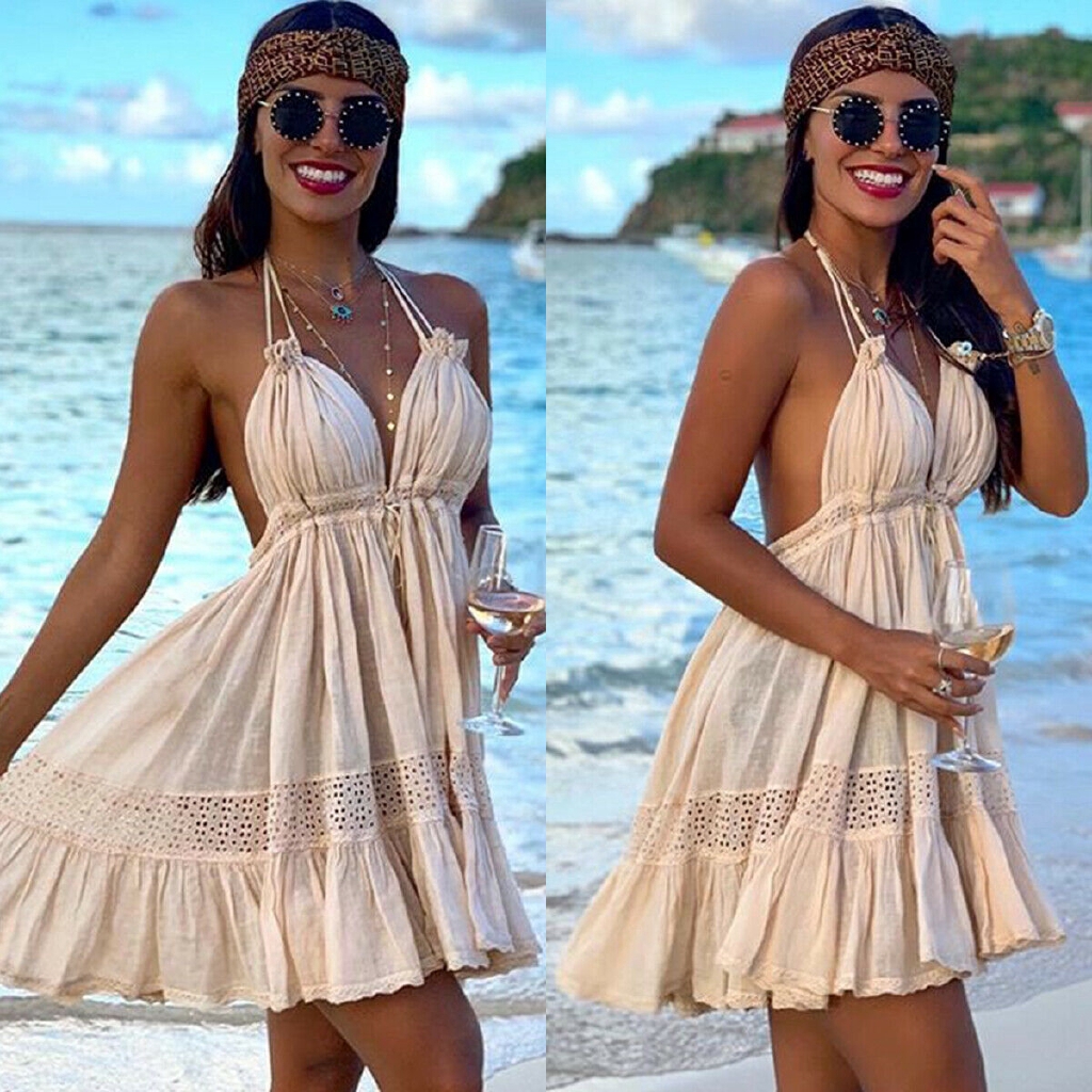 Women Boho Halter V Neck Solid Mini Dress Summer Sleeveless Party Beach Backless Casual Shopee Philippines