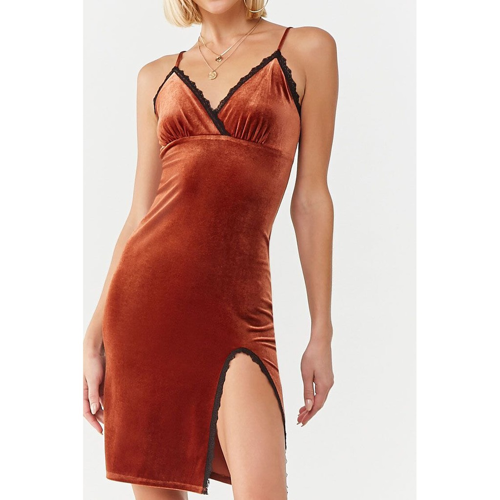 Forever 21 Women S Lace Trim Velvet Dress Bronze Shopee Philippines