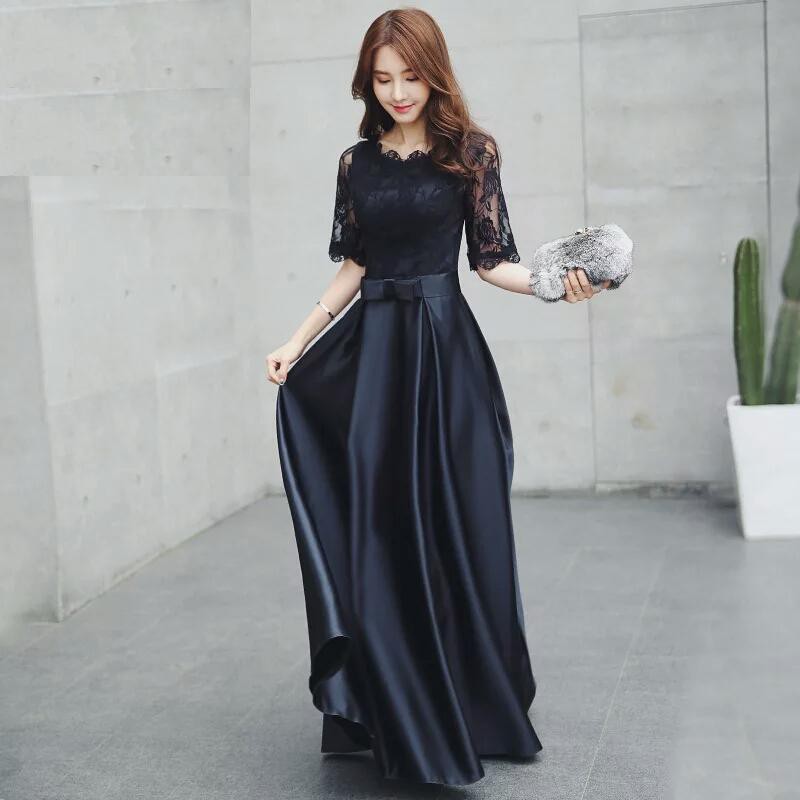 Long Half Sleeve Black Lace Silk Formal Work Wedding Maxi Dinner Prom Dress Gown Shopee Philippines