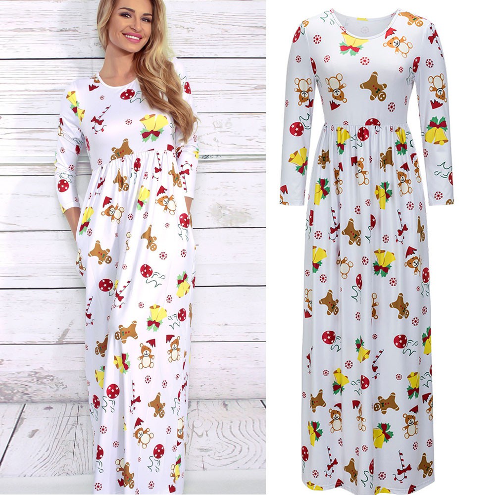 Women Xmas Print Bohemian Dress Ladies Christmas Long Sleeve Flared Party Dress Shopee Philippines