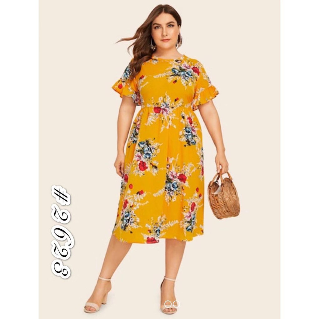 New Trendy Plus Size Floral Yellow Raffle Sleeve Below Knee Formal Dress Shopee Philippines