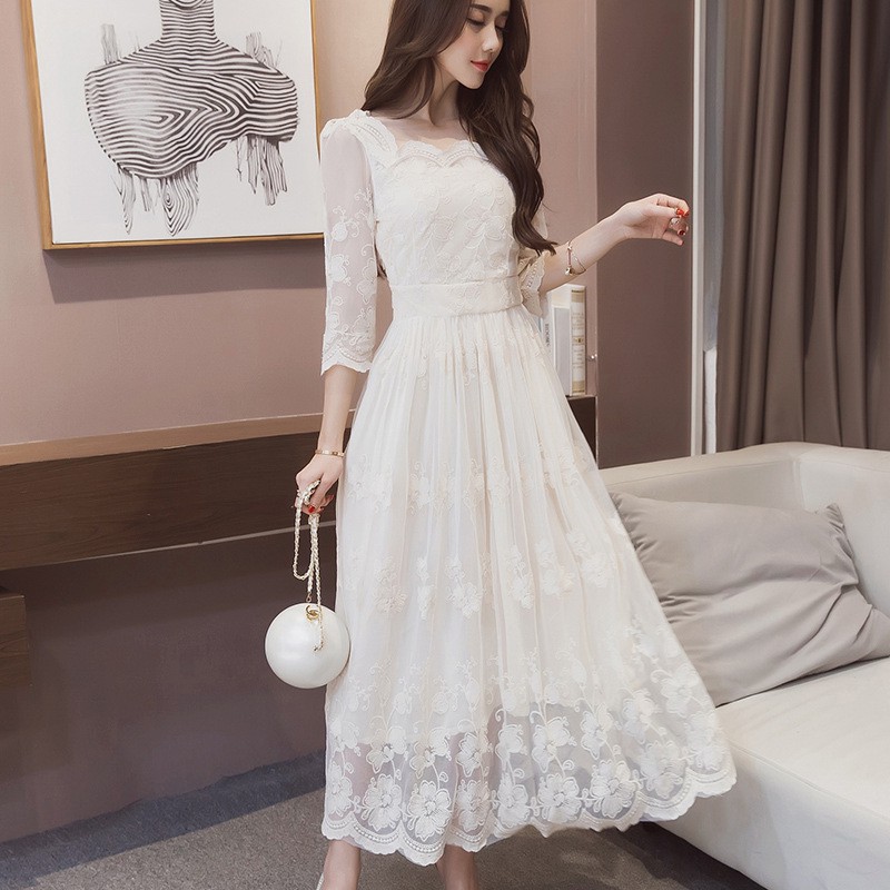 New Women S Korean Style Large Size Long Lace Dress Slim Ladies Temperament Long Skirt Shopee Philippines