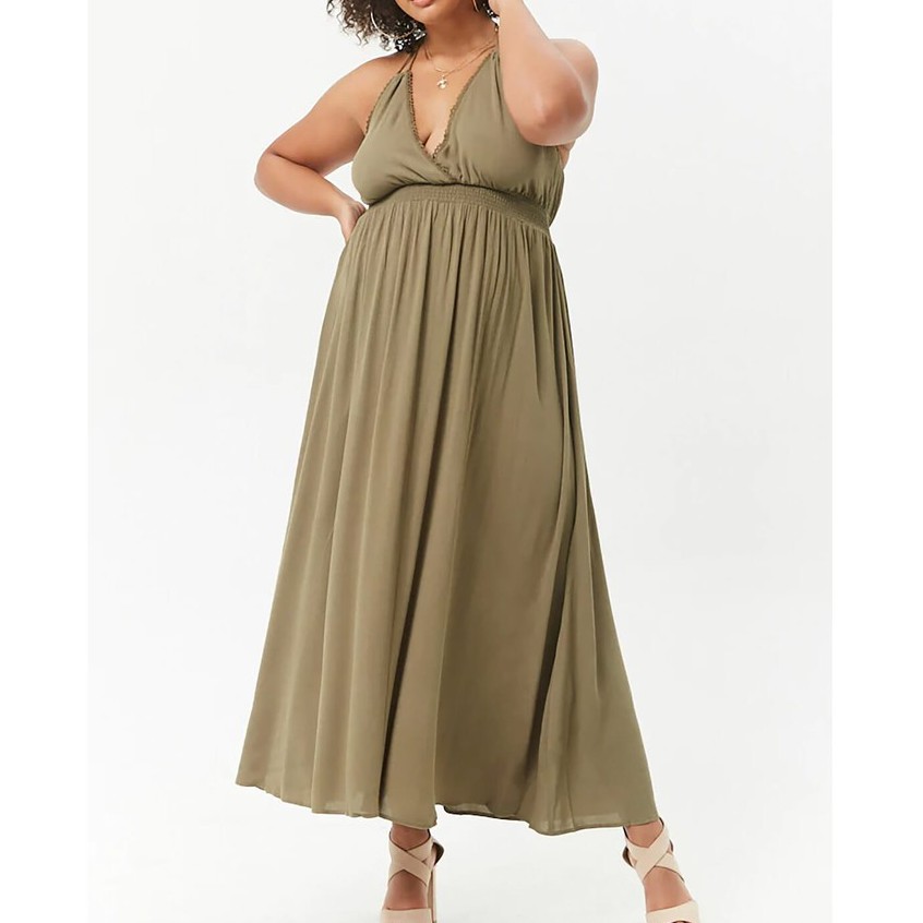 Forever 21 Plus Size Shirred Surplice Halter Maxi Dress Light Olive Shopee Philippines