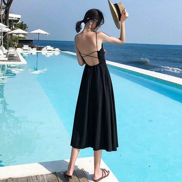 Women Sexy Backless Midi Dresses Summer Spaghetti Strap Beach Holiday Casual Midi Dress Black Red Shopee Philippines