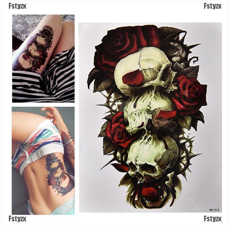 Fstyz Waterproof Skull And Rose Temporary Tattoo Large Arm Body Art Tattoos Sticker Shopee Philippines