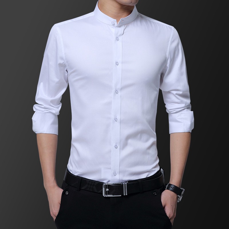 Dress Men Shirt Stand Collar Cotton Plain Formal Casual Solid Color Long Sleeve Shirt For Man Stay Black Slim Fit White Shopee Philippines