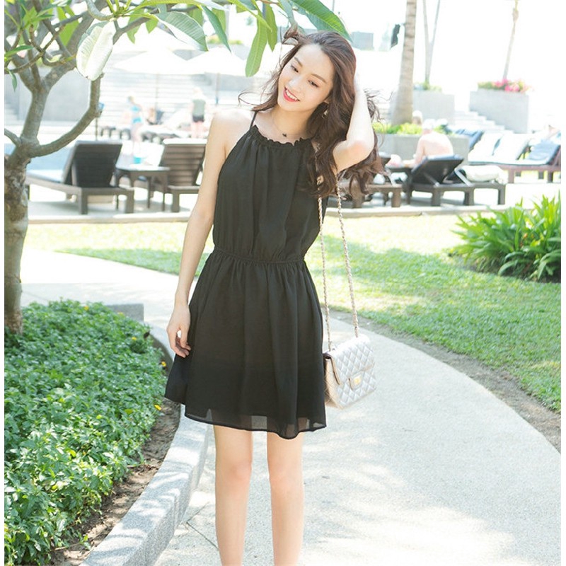 Black Dungaree Dress Korean Style Sleeveless Halter Off Shoulder Women S Sexy Temperament Small Black Dress Shopee Philippines